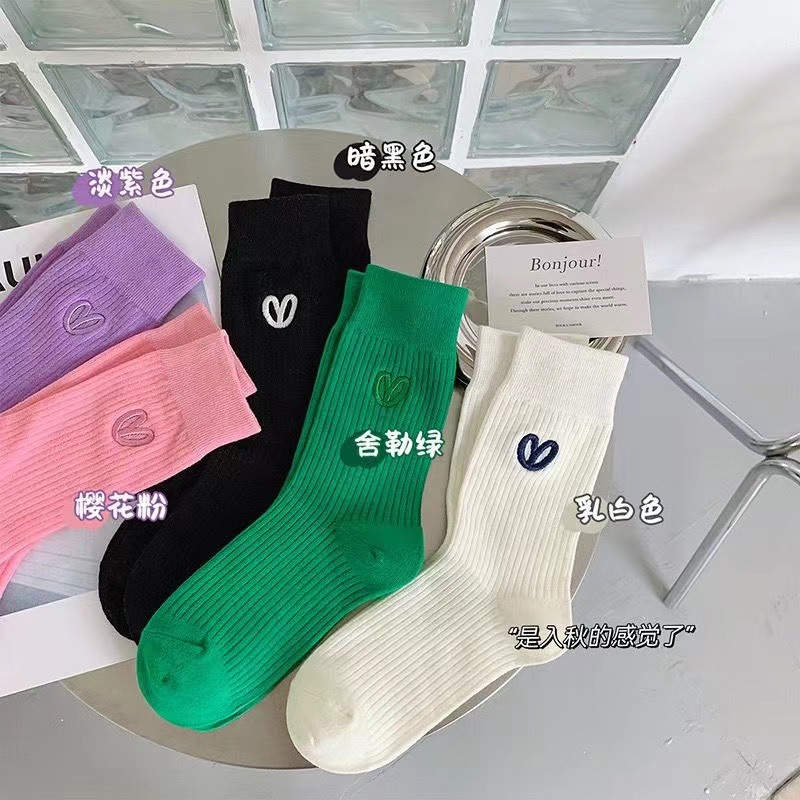 Socks Long Socks Women's Spring and Autumn ins Trendy Korean Solid Color Heavy Industry Embroidered Love Stacks Mid-tube Sports Socks