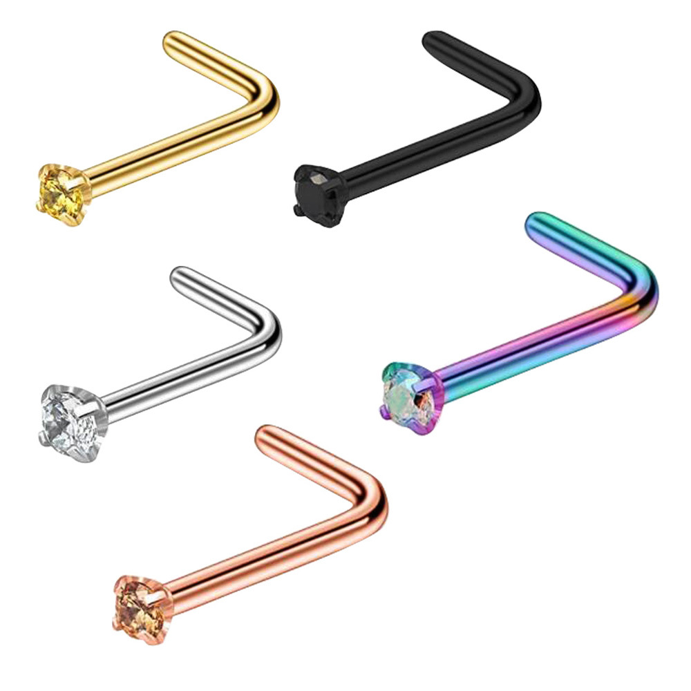 European and American-style zirconium-inlaid tri-L nose nail stainless steel nose nail titanium steel nose ring body puncture cross-border Amazon