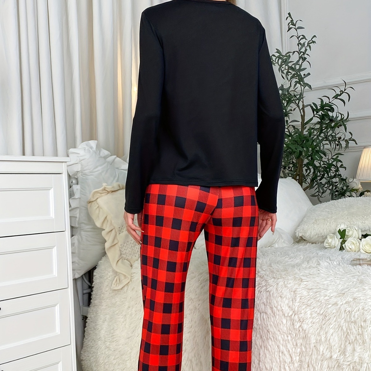Picture of Cross-border Autumn and Winter Pajamas suit Foreign Trade Women's European and American Home Clothes Plaid Pocket Long Sleeve Top Pants Two-piece Set