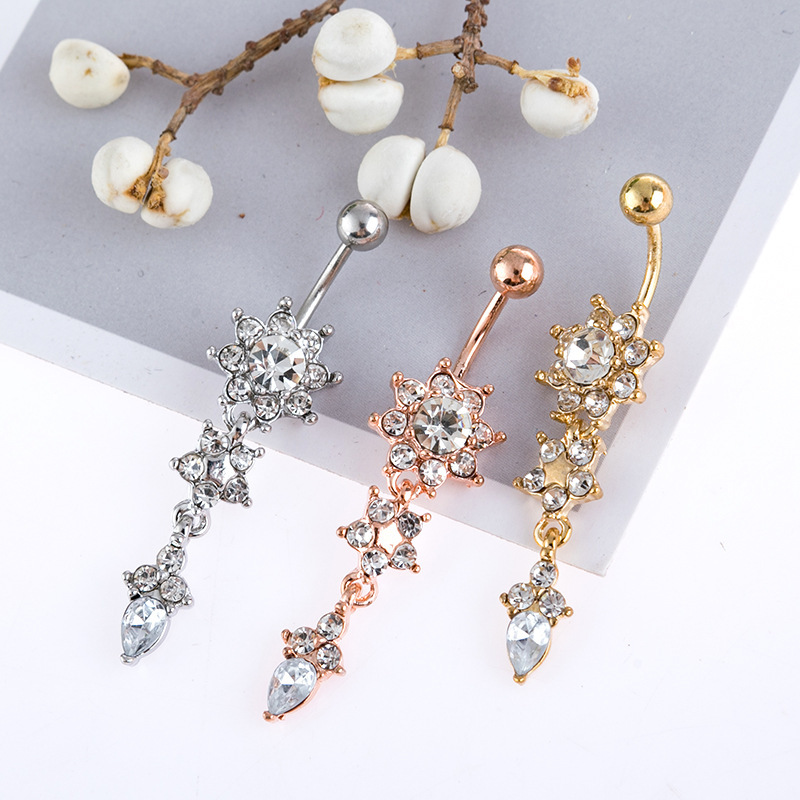 Picture of Body piercing jewelry stainless steel water drop belly button pendant diamond nailing flower belly button ring ebay hot sale