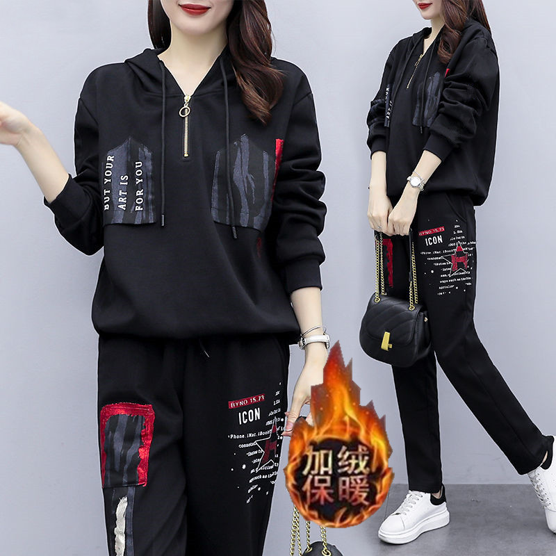 Cross-border Cross-border fleece-lined Thickened Sportswear suit Women's Autumn and Winter New plus size Loose Hooded Hoodie Casual Two-piece
