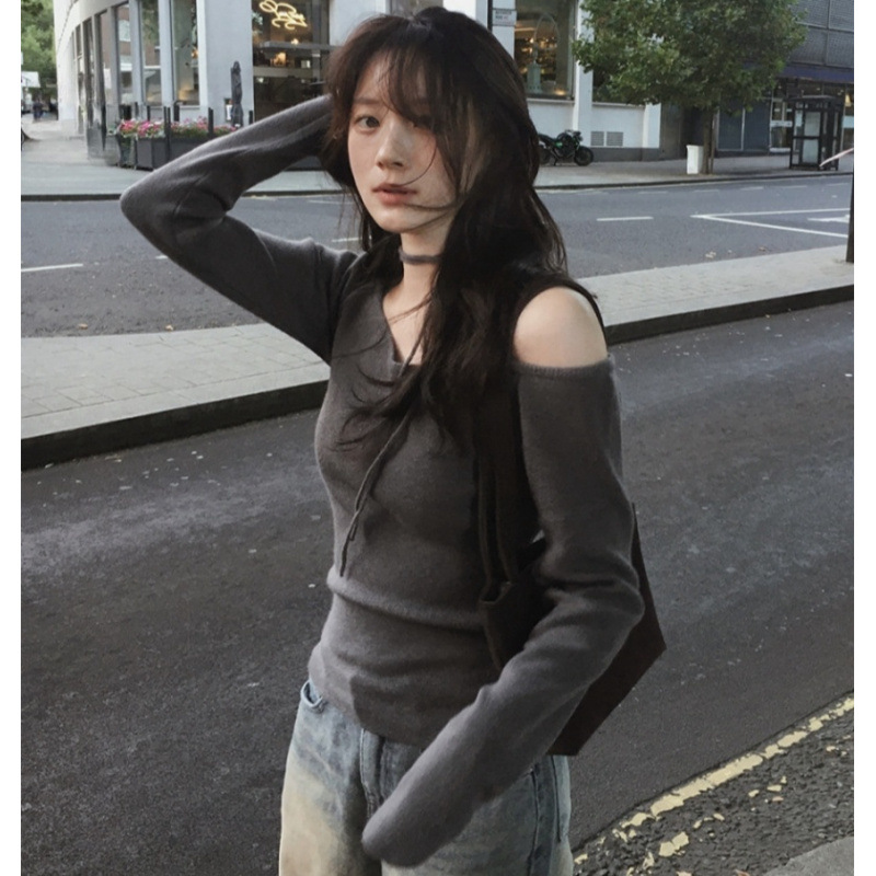 South Korea Dongdaemun Women's Autumn and Winter New Lace-up Neck Shoulder Collar Sexy Slim-fit Long-sleeved Sweater