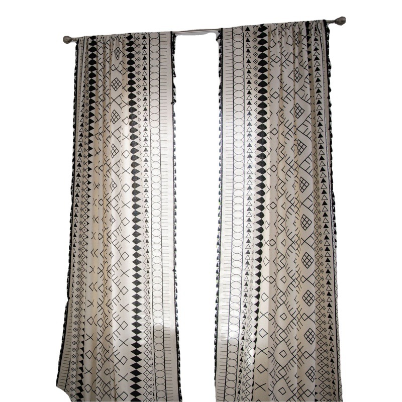 Yiman Qiyun Curtain Finished Curtain Cotton Linen Kitchen Curtain Bohemian Style Black and White Printed Bay Window Curtain