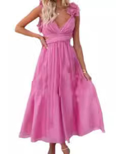 Amazon spring and summer new European and American sexy fashion style dress deep V hollow large swing ruffled dress