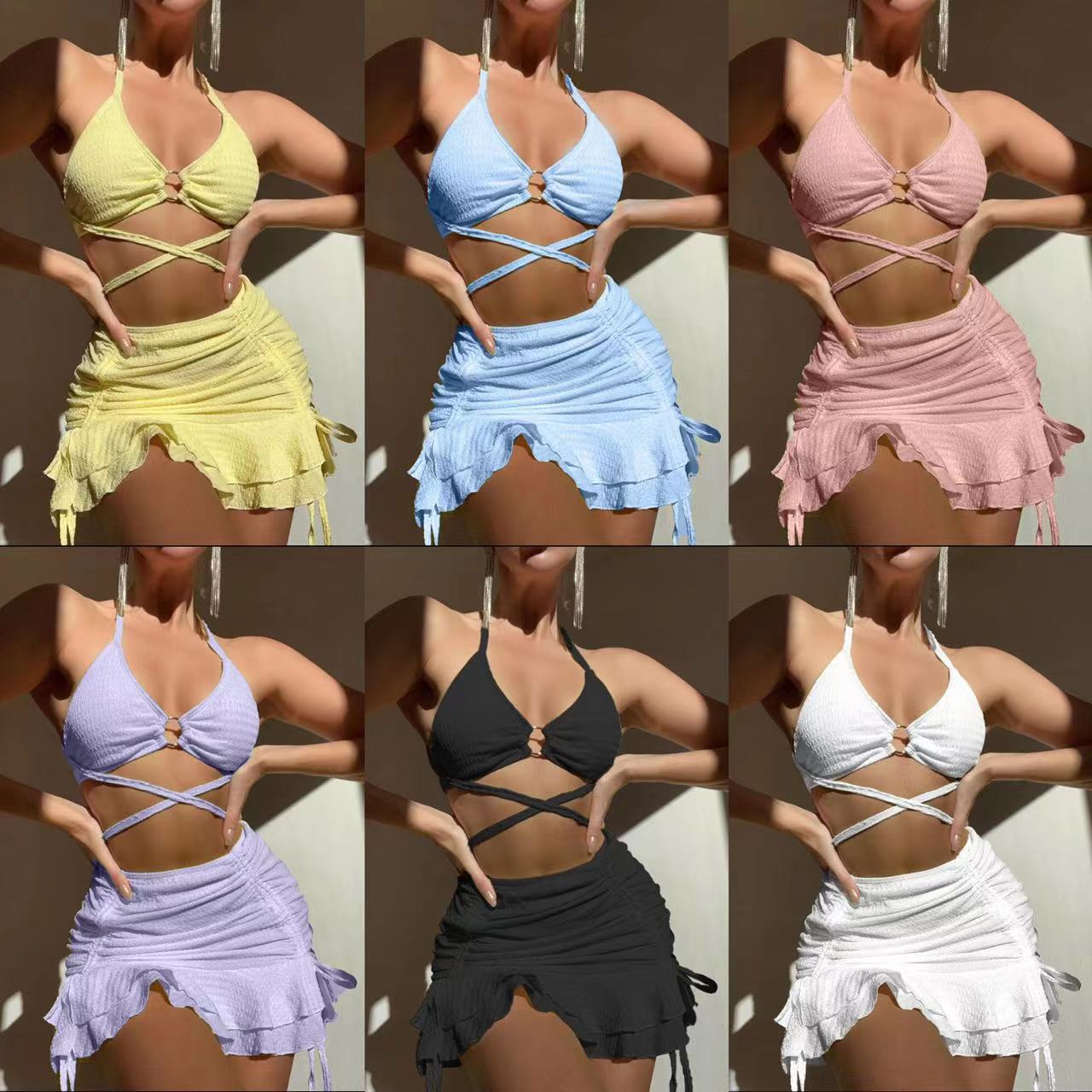 2025 New Pure Color Swimsuit Cross-Border Aliexpress Sexy Tight Strap Bikini Skirt Swimsuit Bikini