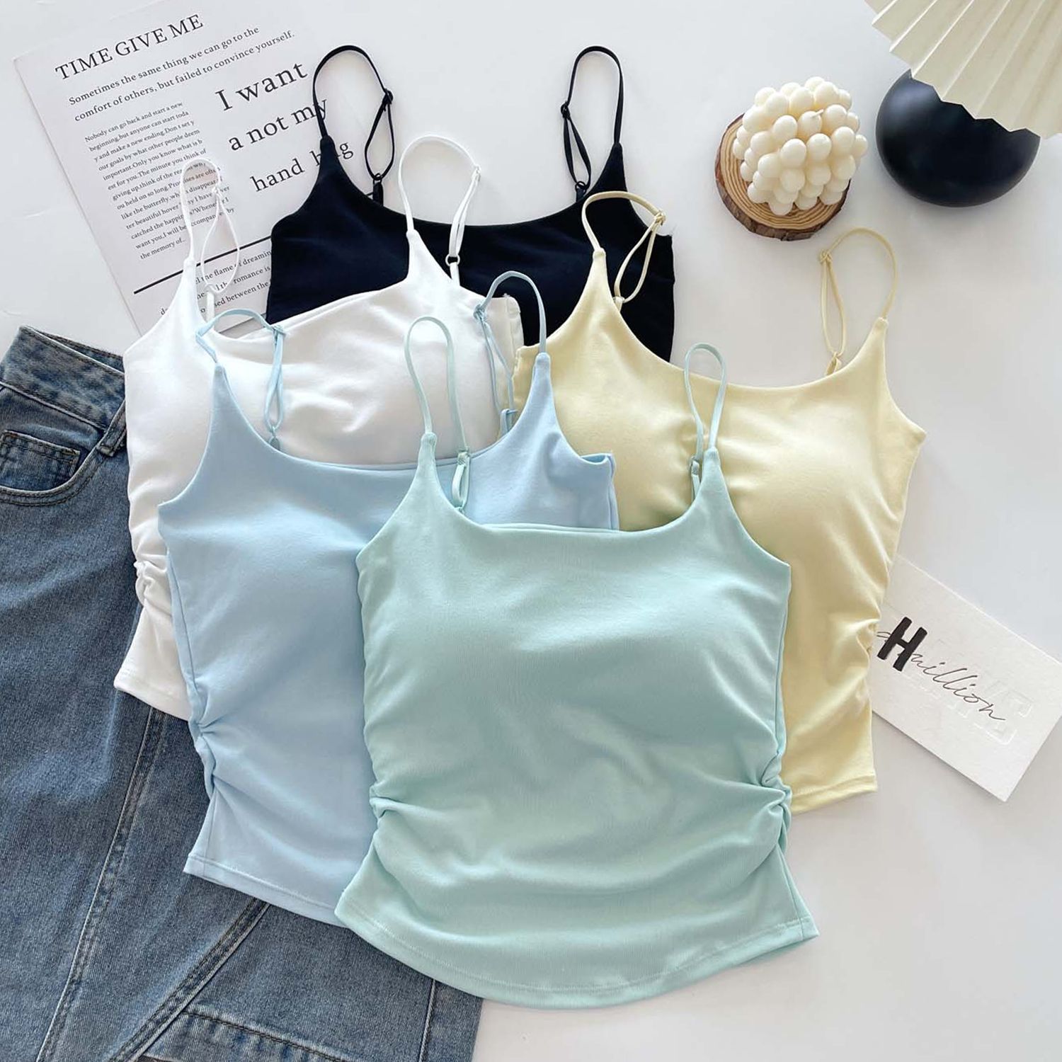 Small Fresh and Pure Style Design Pleated Camisole Women's Outer Wearing Inner Wearing Chest Pad Slim-fit Beautiful Back Clothes for Summer