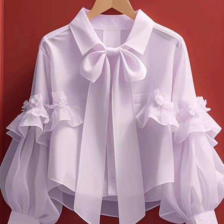 Picture of New Tops for Women 2025 Early Autumn Vintage French Unique Beautiful Green Bow Long-Sleeved Shirt A2918