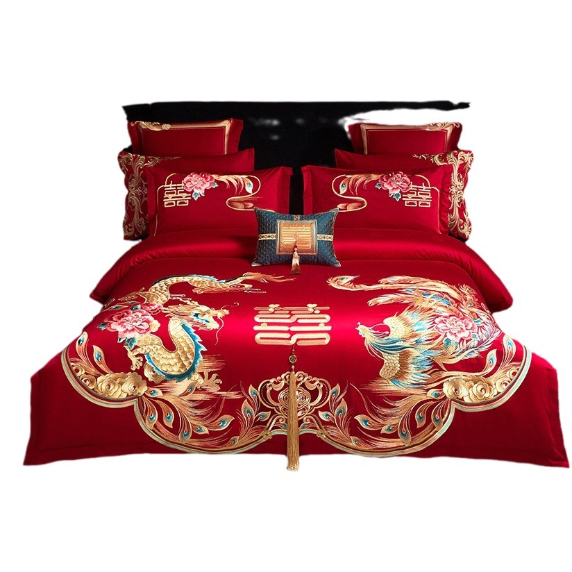 Long-staple cotton 120 wedding four-piece set red embroidery dragon and phoenix wedding escort six-piece set Chinese luxury cotton