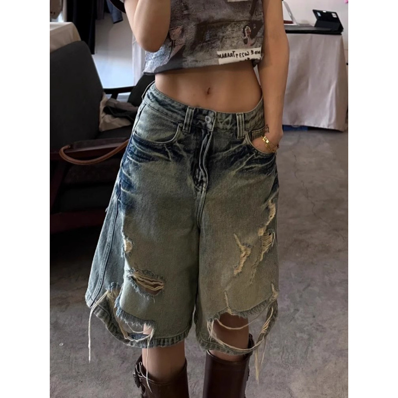 Ddnx Pure Desire Y2K Hot Girl Retro Washed Denim Shorts Women's Summer Straight Loose High Waist Ripped Five-Point Shorts