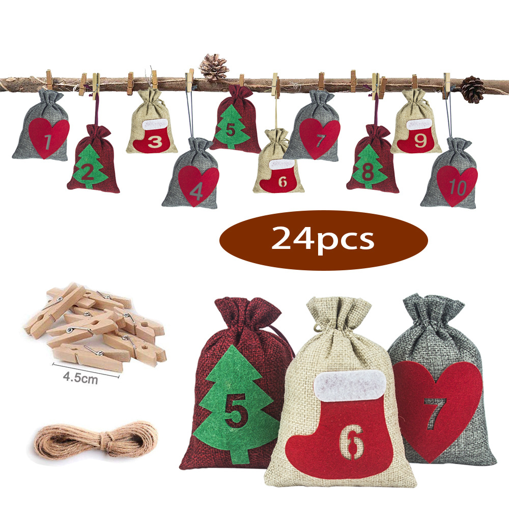 Cross-border New Felt Sticker Christmas Gift Bag Linen Drawstring Bezel Countdown Advent Calendar Bag Set Spot