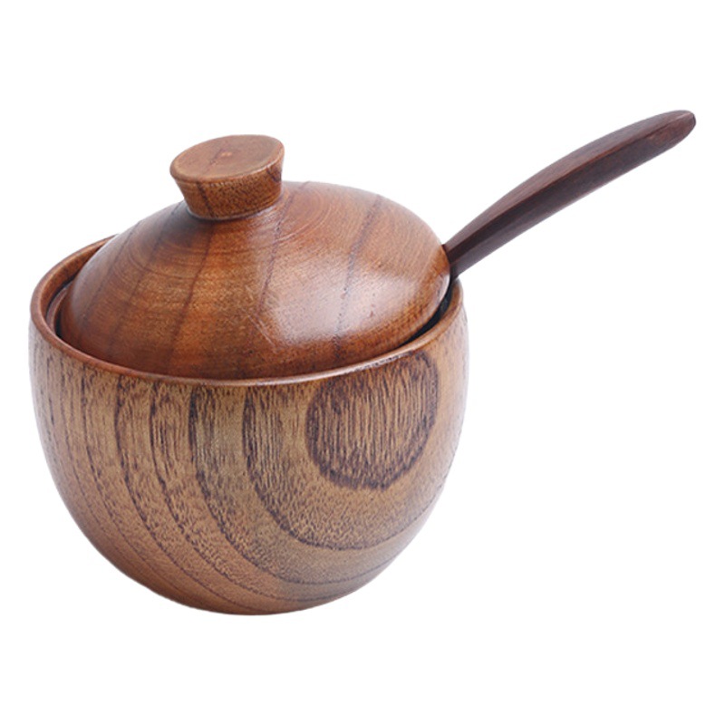 Ziziphi Jujube Wood Japanese Style Wooden Vintage Seasoning Jar Creative Kitchen Household Lid Salt Jar Whole Wood Sugar Jar Salt Jar Combination
