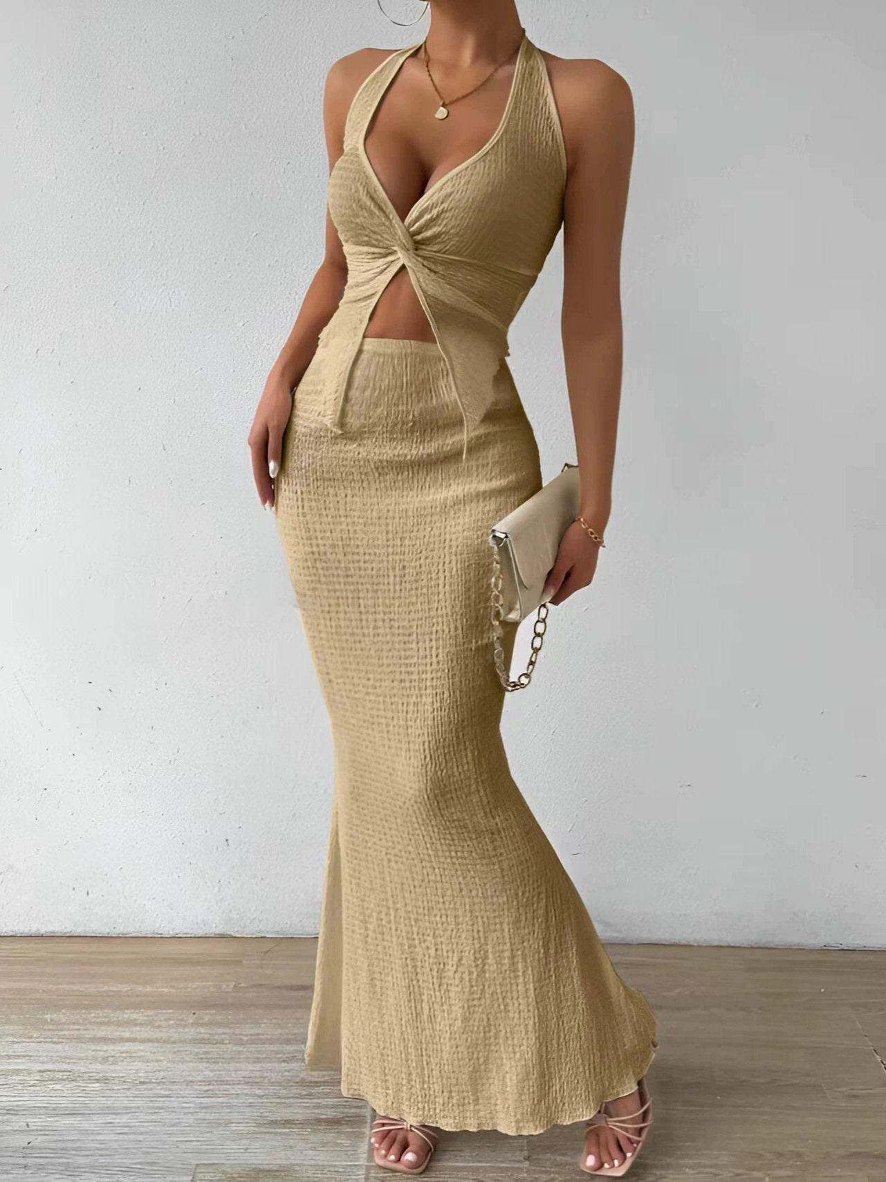 Picture of European and American Cross-border Croissant Women's Summer Solid Color Twist Front Hanging Neck Crop Top and Fishtail Midi Skirt Elegant Double
