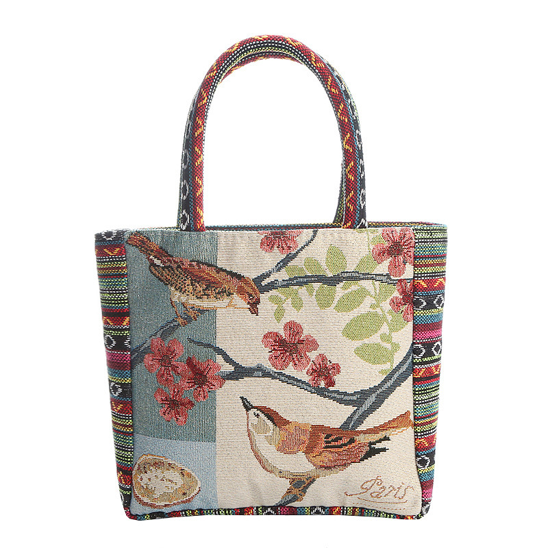 New ethnic bird pattern handbag mobile phone bag canvas double-sided embroidered zipper dark bag for good care