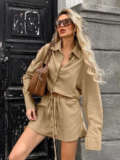 European and American Simple Fashion khaki Cotton Linen Shirt Shorts Two-piece Summer Loose Cross-border Casual Top suit
