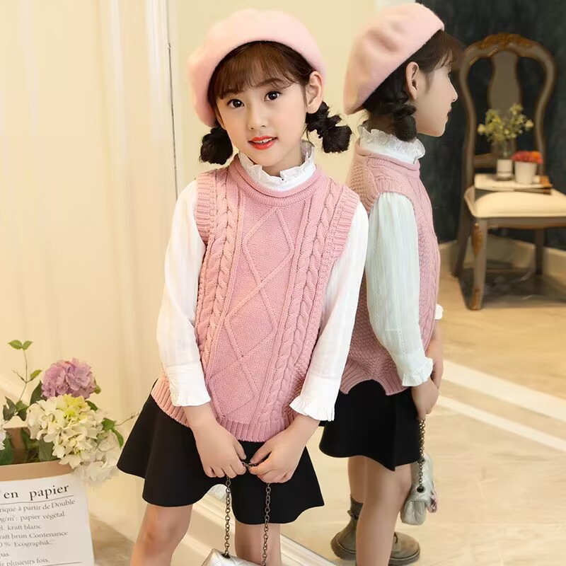 Picture of Girls' sweater vest spring and autumn middle and big children lady knitted warm vest autumn girls all-match sweet vest