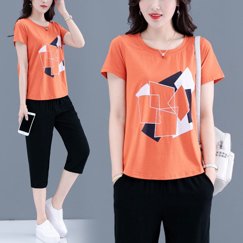 Casual fashion printed suit women's 2021 summer new Korean style short-sleeved cropped pants chubby girl sportswear two-piece set