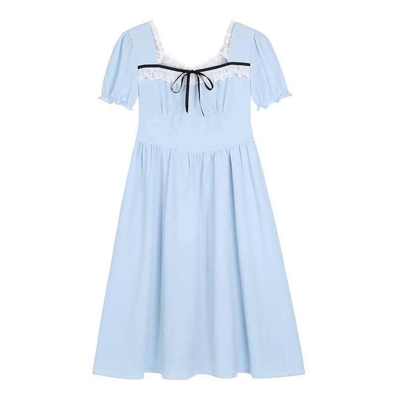 Sweet and Spicy Style Lace Spliced Square Neck Bow Dress Women's Fat mm Large Size Puff Sleeve Slim Long Dress 62858