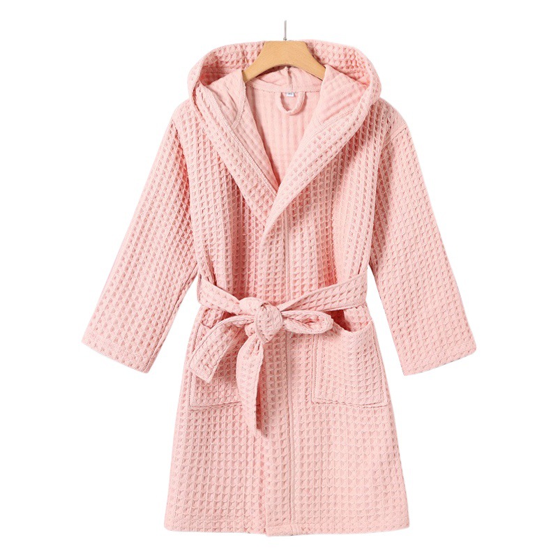 Children's Bathrobe Pure Cotton Double-Layer 3D Waffle Bathrobe Family Nightgown Water-Absorbent and Quick-Drying Big Kidsren's Hooded Type a Breathable