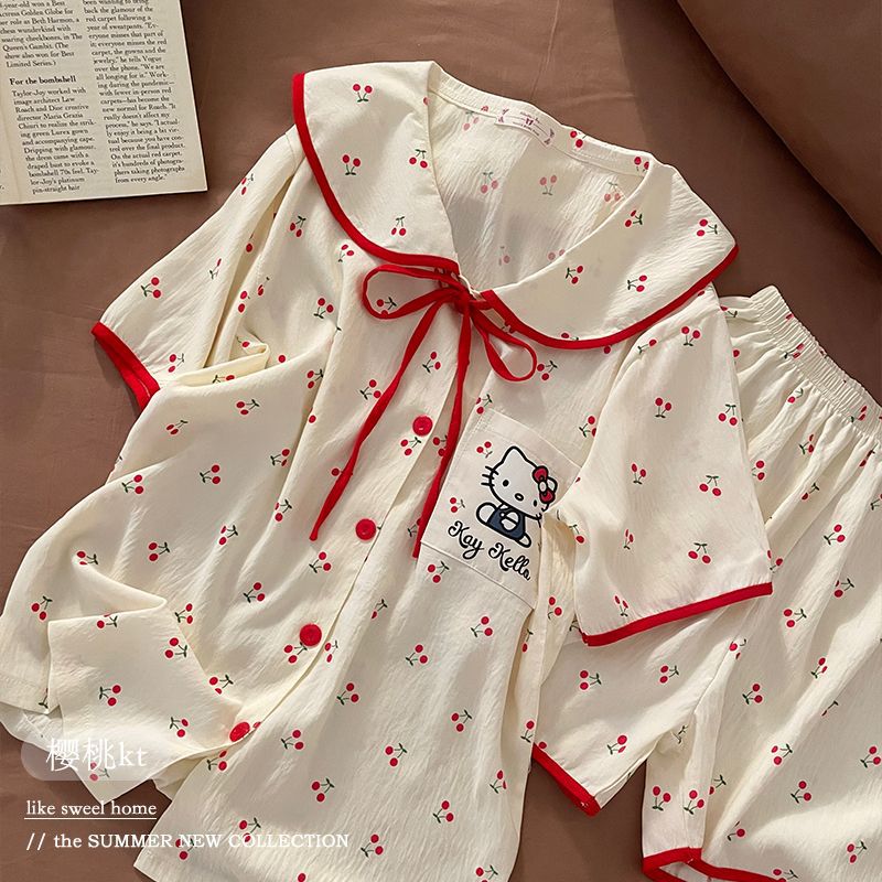 2025 New Summer Style Cloud Cotton Round Neck Doll Collar Short-Sleeved Shorts Girls Pajamas Home Clothes S 0.05kg Piece Set