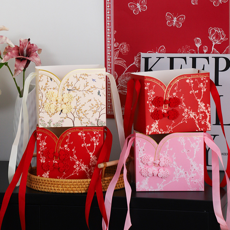 Festival Popular Flower Hand-Held Box Bouquet Flower Arrangement Box Chinese Style National Style Cheongsam Style Gift Box Gift Box Floral Art