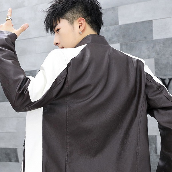 American Style Retro Stitching Contrast Color Biker Clothing New Arrival Leather Clothing Men's Korean Style Bf Loose Handsome fleece-lined Jacket Coat Trendy