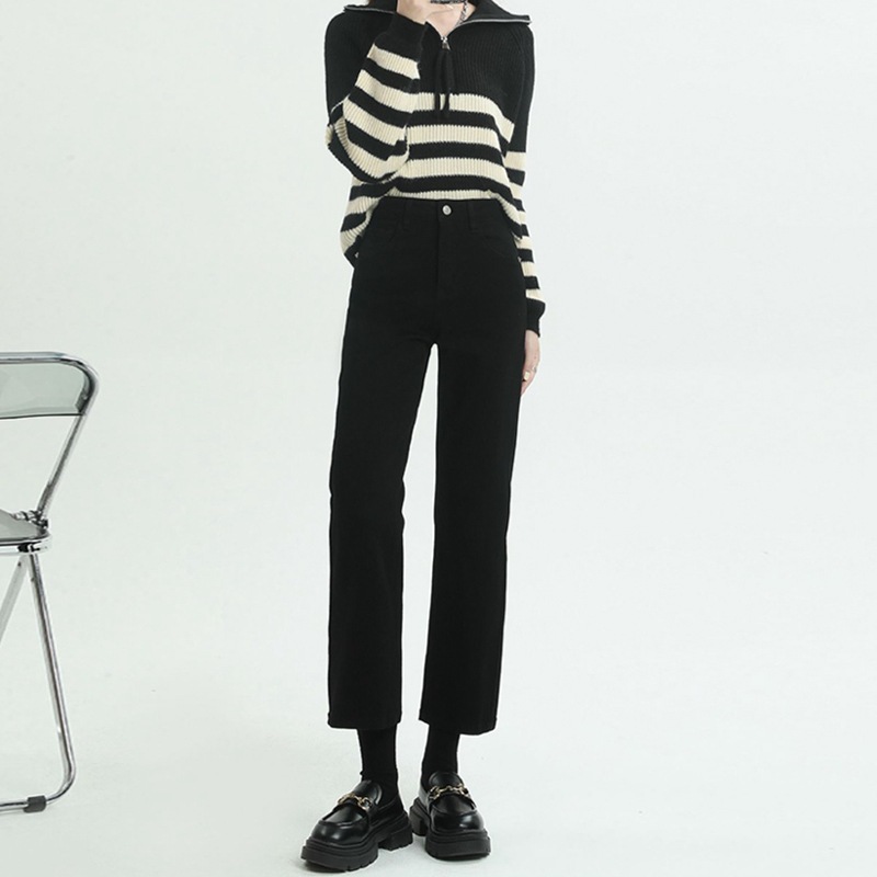 Picture of Black High Waist Short Straight Jeans Women's New Autumn and Winter Slim Look Tall Slim Fit Stretch Cropped Smoke Tube Pants