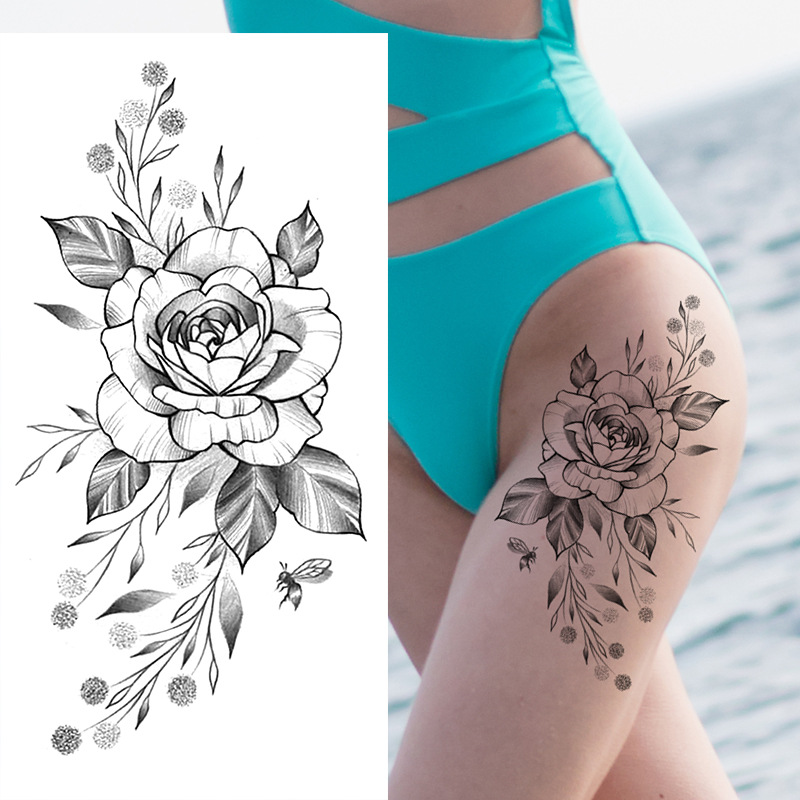 Picture of Cross-Border Supply of Sketch Flower Tattoo Stickers, Sketch Tattoo Stickers, Rose Flower Black and White Flower Tattoo