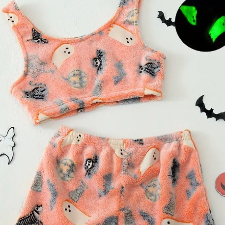 Foreign trade Halloween luminous flannel pajamas women's autumn and winter fleece-lined warm casual home suit graffiti luminous pants
