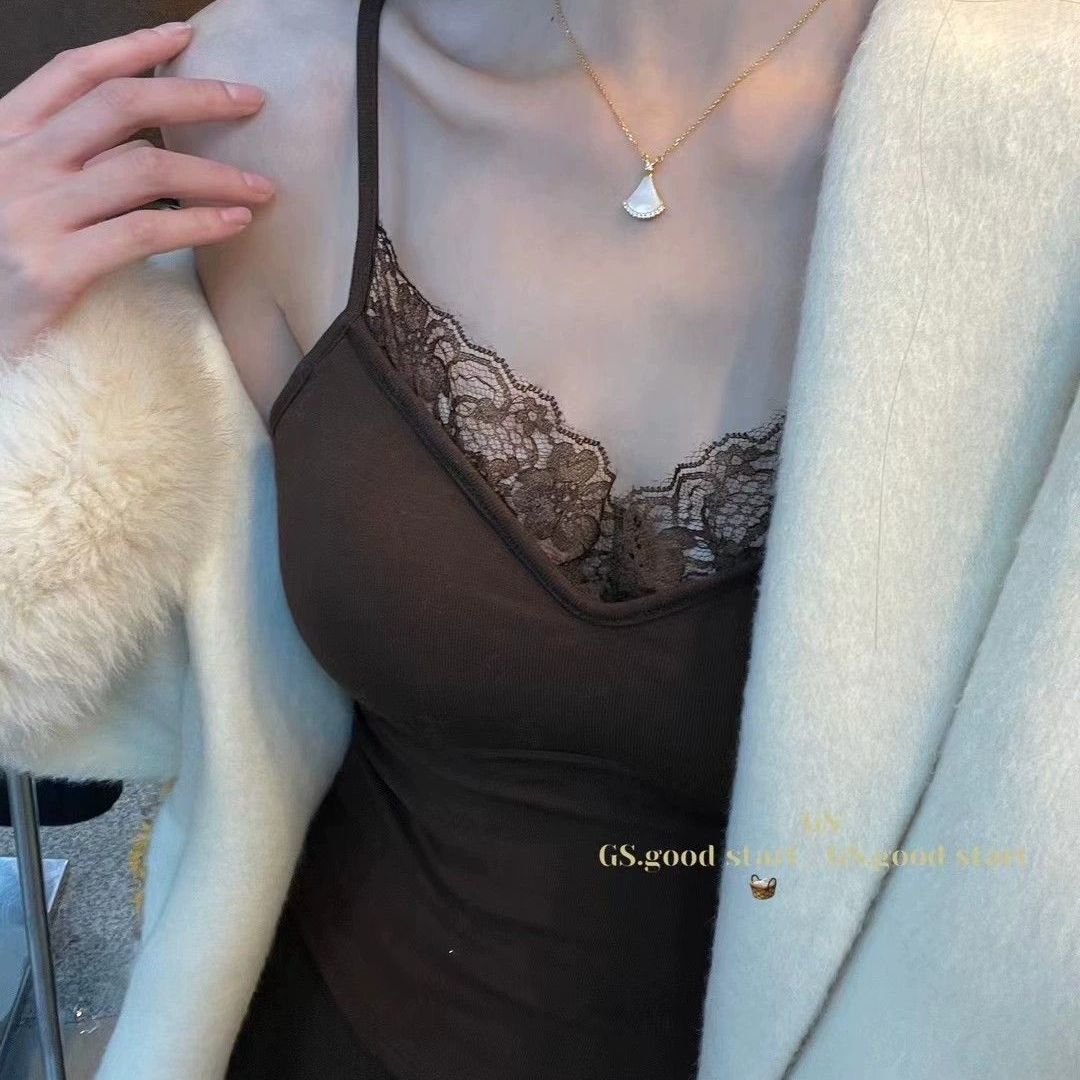 With pure want ceiling_lace small camisole women's autumn and winter new with chest pad warm bottoming coat