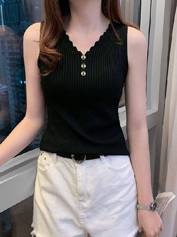 Suit Ice Silk Bottoming Shirt for Women Summer New Style 2025 with V Neck Buttons Slim Vest Small Suspenders Sleeveless