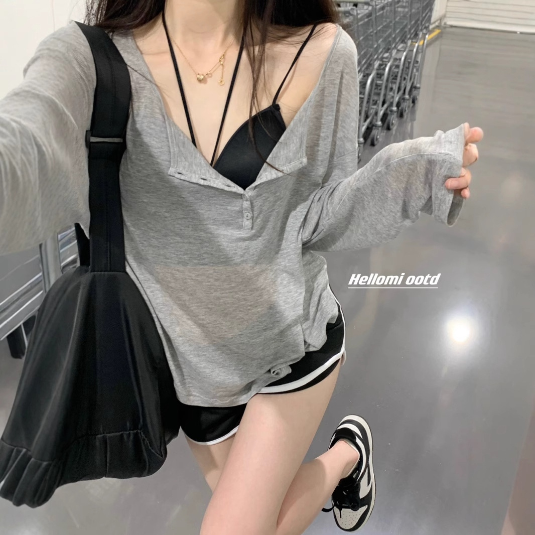 2024 Fabric Pure Lust Gray Thin Sun Protection V-Neck Long-Sleeved Blouse Loose Slimming Look Mid-Length Top