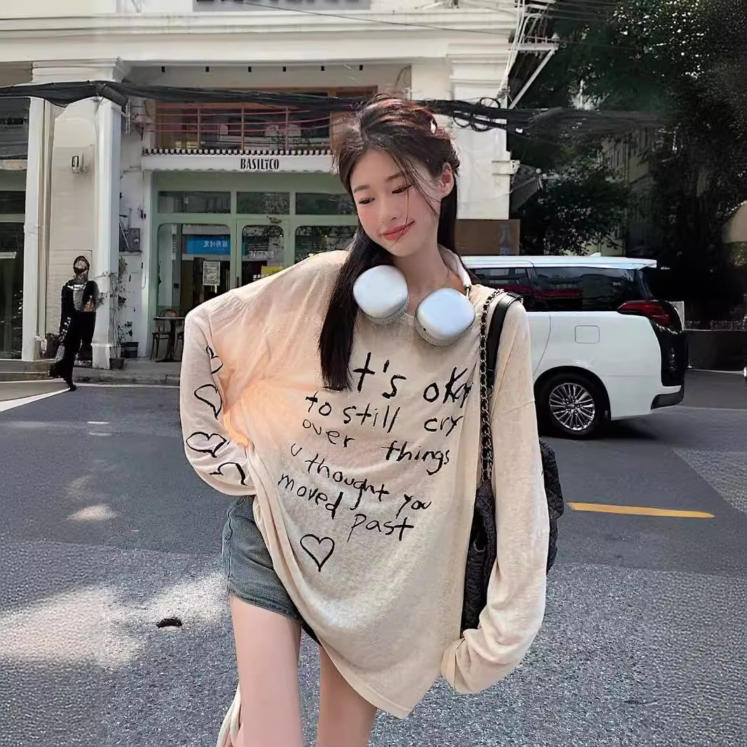 2024 New Style Lazy Style Personalized Letter Printed Long-sleeved T-shirt Women's Summer Loose Slimming Thin Sunscreen Top