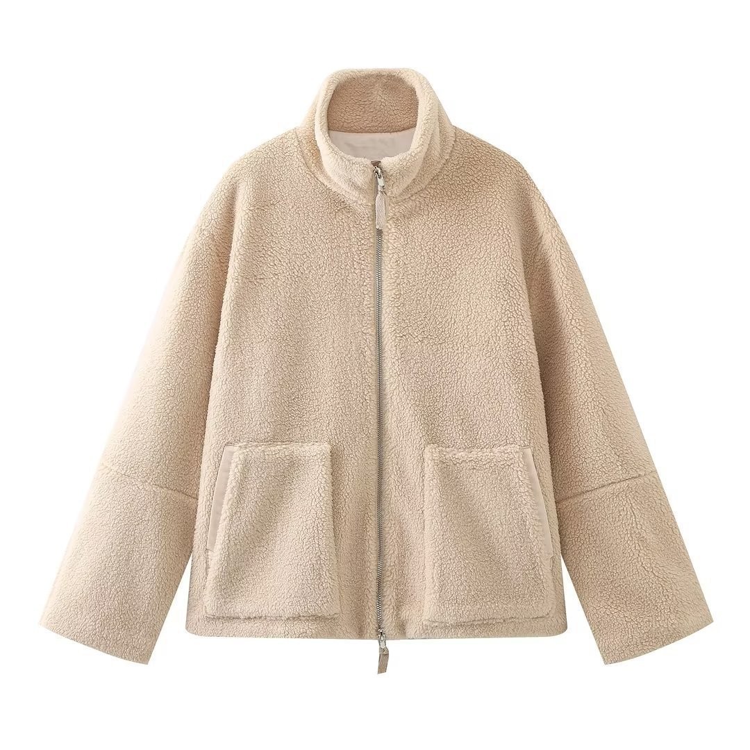 Picture of Large-Pocket Solid-Color Plush Coat Women's European and American Large-Pocket High-Neck Plush Coat