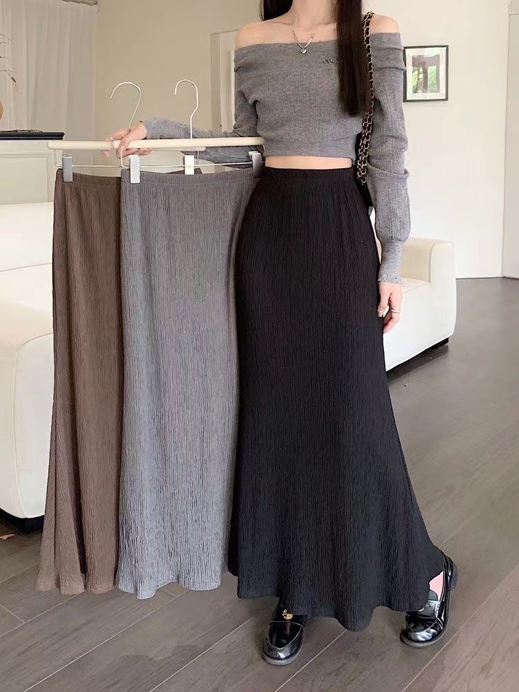 2024 spring lazy style skirt women's French retro pleated A- line fishtail high waist design slimming cover cross