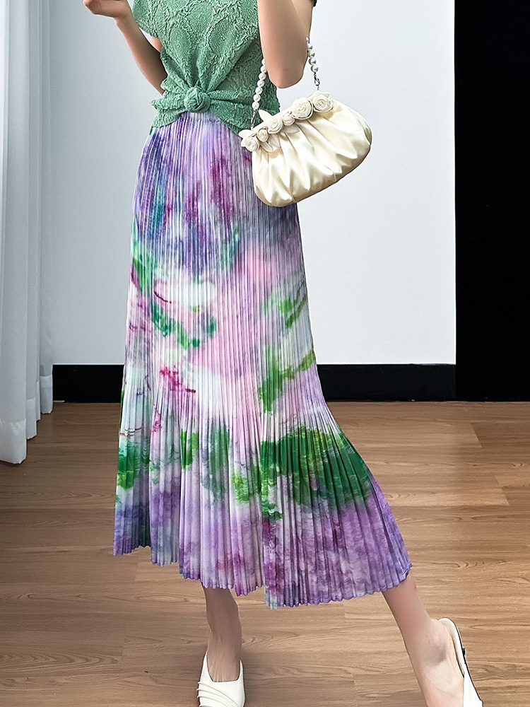 Miyake 2024 Summer Elegant National Style Skirt Women's Fresh Floral One-Step Hip Covering All-Match Pleated Mid-Length Skirt