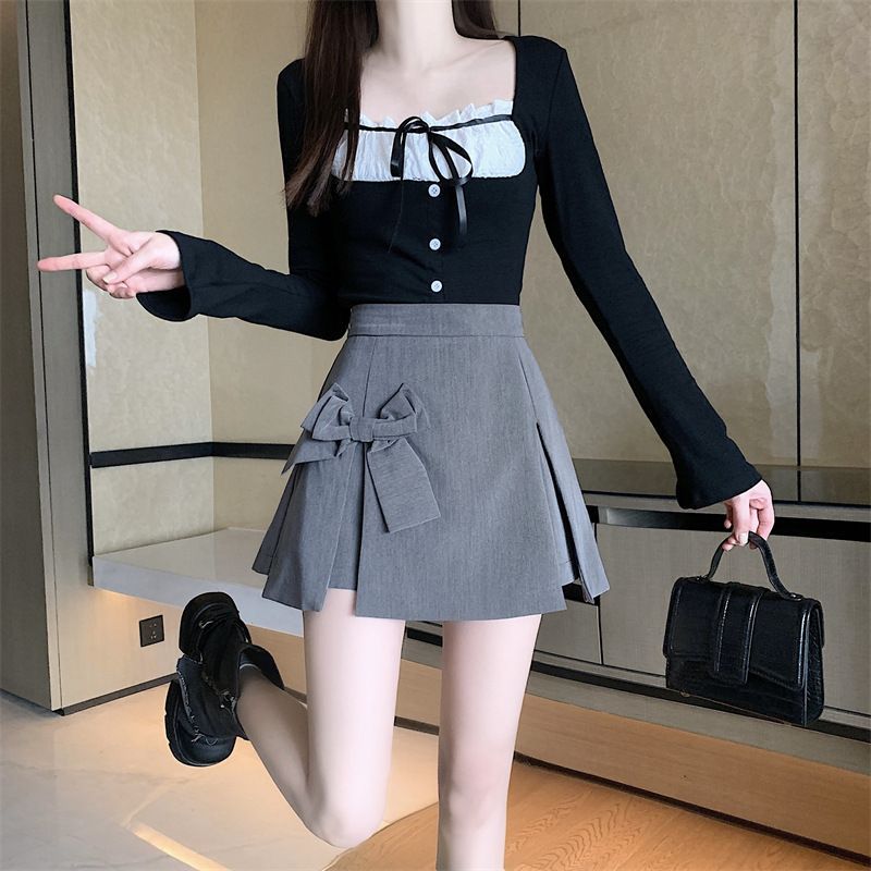 Grey Bow Suit Skirt Women's Summer High Waist Design Sense A- Line Hot Girl Hip Short Skirt Shorty