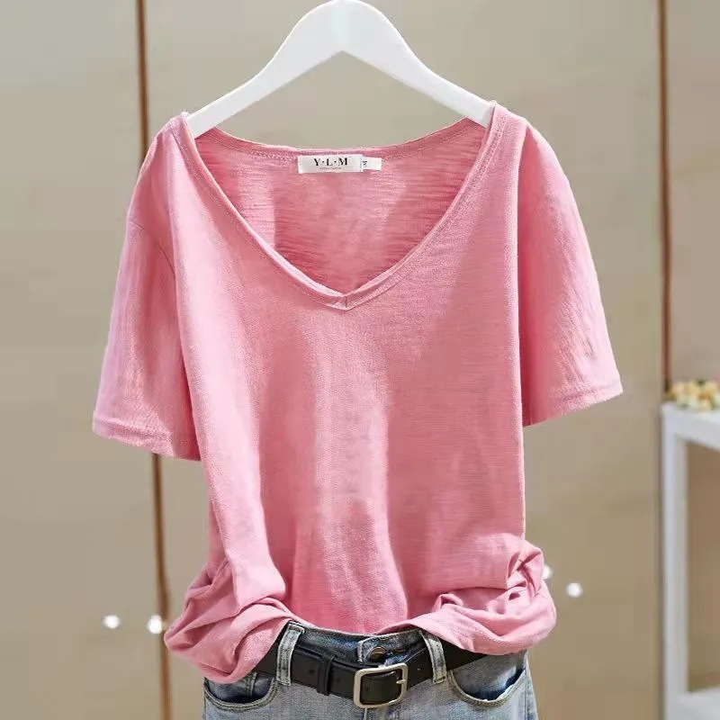 White V Neck Short-Sleeved T-Shirt for Women 2024 Summer New European Station Bamboo Cotton Loose Half-Sleeved Pure Color T-Shirt Top