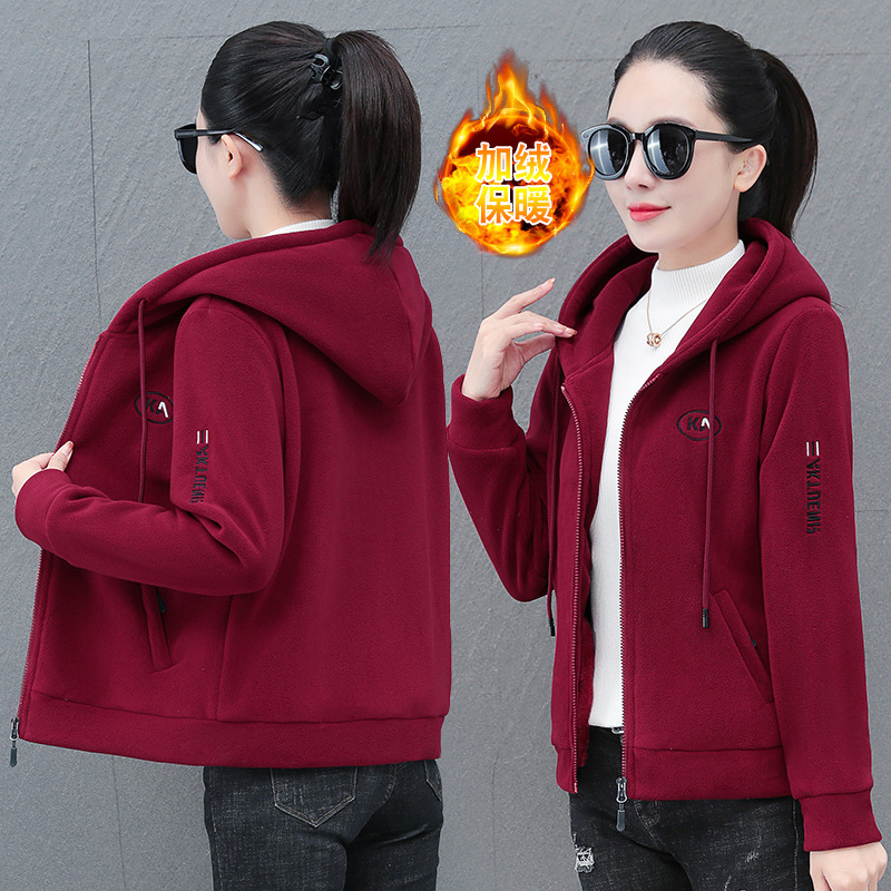 Double-Sided Velvet Fashionable Casual Fleece-Lined Warm Hooded Velvet Jacket Jacket for Women Spring, Autumn and Winter Middle-Aged Mother Cardigan