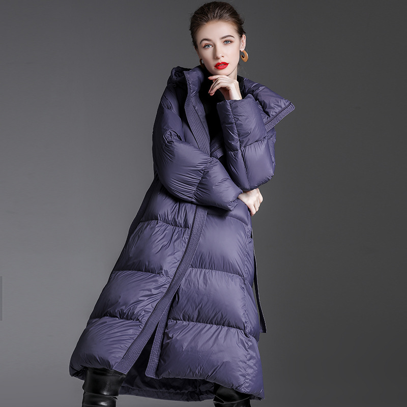Picture of Hooded White Duck down down Jacket for Women 2025 Mid-Length Fashionable Classy Loose Thickeneded Lace-Up down Jacket