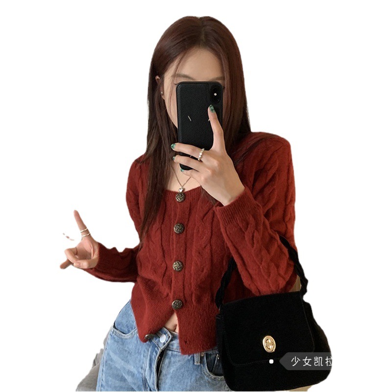 Spring and Autumn Knitted Sweater Women's Inner Wear Foreign-style Super-fire Design Sense Niche Top Soft Waxy Red Sweater Coat Cardigan