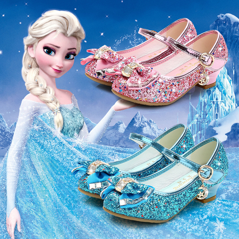 2025 Autumn New Girls' Small High Heel Leather Shoes Sequin Upper Bow Decoration Children's Dance Shoes