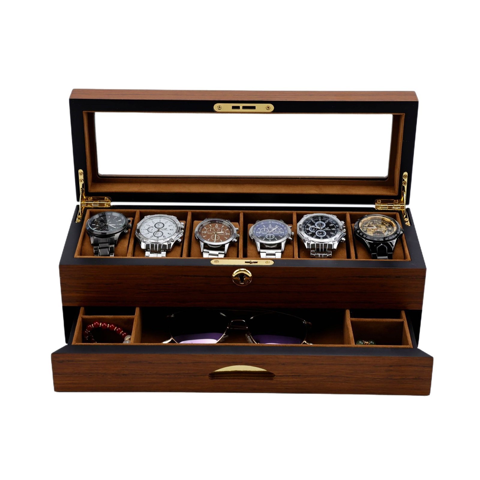 Picture of Qingyu Packaging 6-Digit Black Walnut Spray-Painted Watch Storage Box Double-Layer Jewelry Glasses Ring Organizing Box Ready for Sale