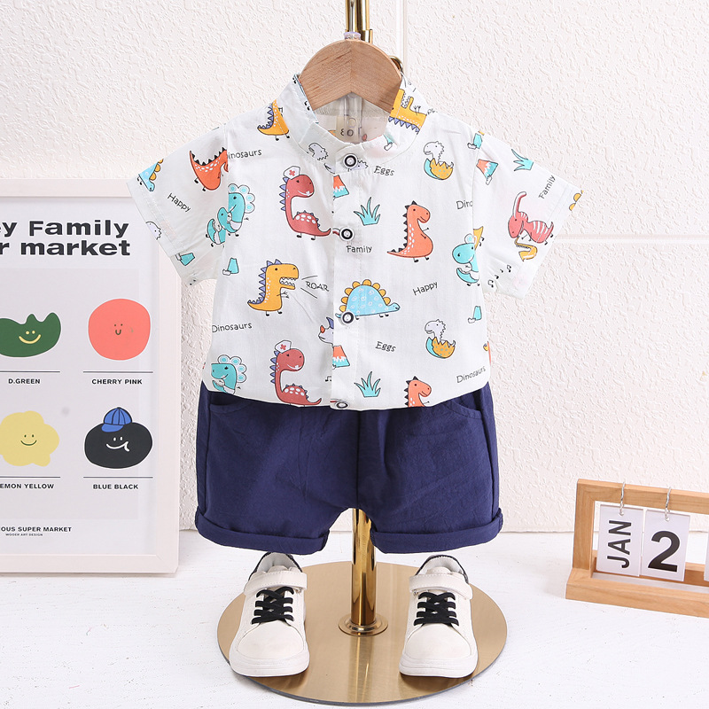 New boys summer cartoon two-piece thin baby children's foreign style shirt short sleeve suit children's clothing wholesale tide