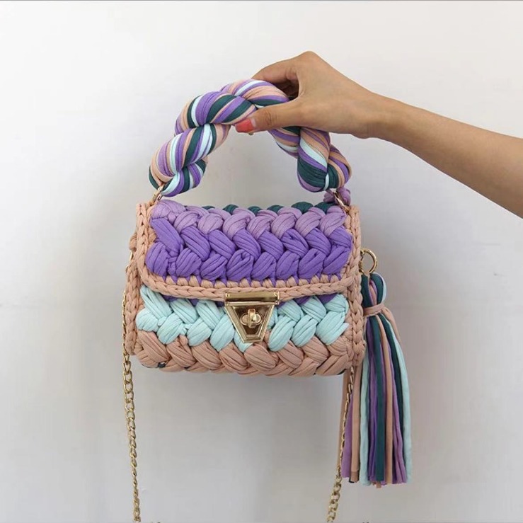 Japanese and Korean Style Cloth Strip Handmade Woven Bag Multicolor Gradient Crossbody Bag Handbag for Girlfriend Handmade Bag