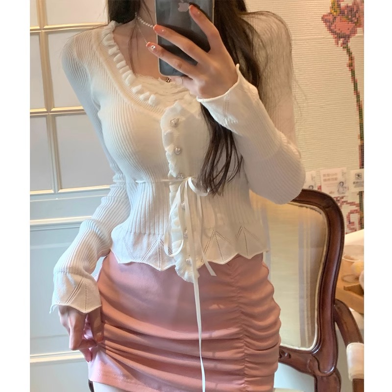 Pure Desire Two-piece Sweater Autumn and Winter Short Design Long Sleeve Sweater Lace Stitching Sweet New Slim-fit Top