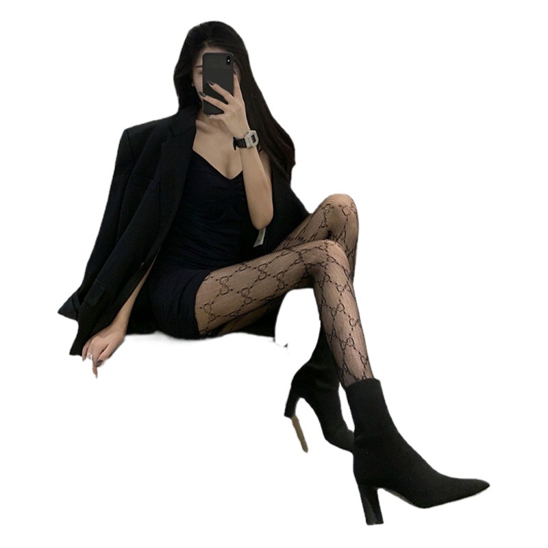 Double g Letter Silk Stockings Women's Spring and Summer Internet Popular ins Fishnet Stockings 2022 New Black Pants Grid Hollow Bottoming Stockings