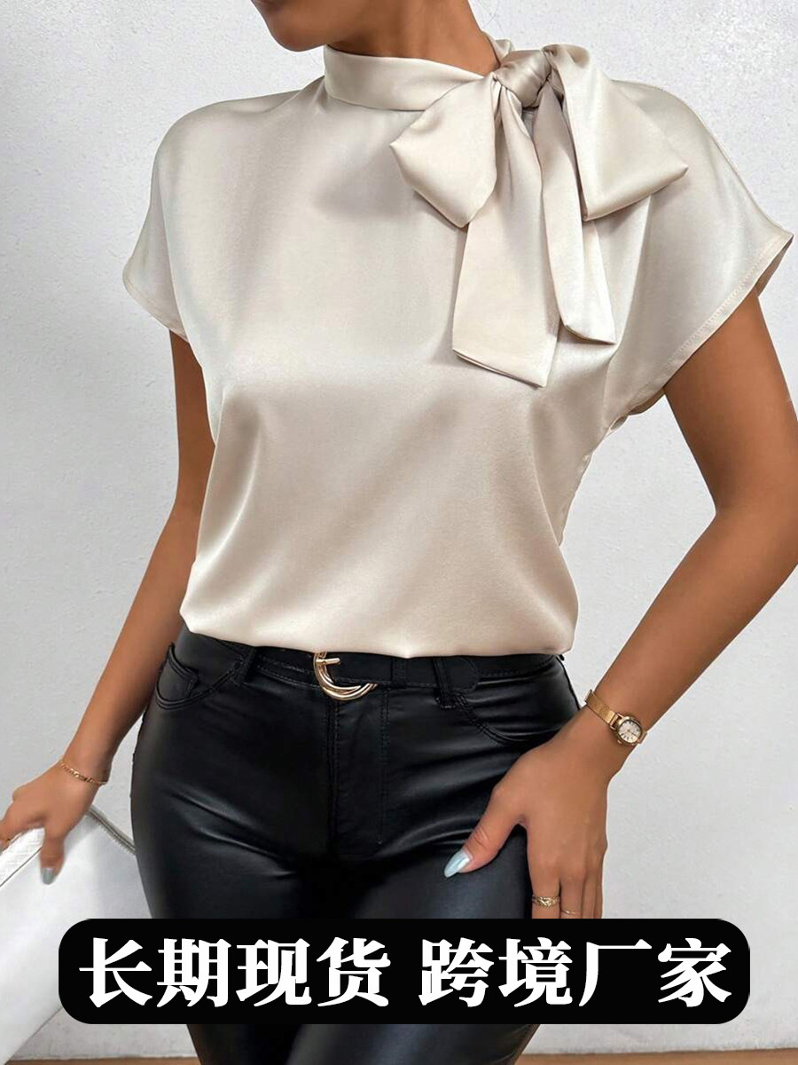 European and American New Popular Satin Shirt for Women 2025 Summer Amazon Cross-Border Short-Sleeved Bow Top for Women
