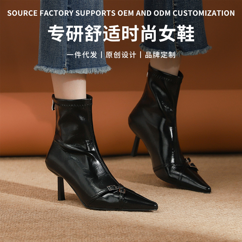 10086-2 Fashion Thin Boots Pointed Gloss High-heeled Boots Autumn New Belt Buckle Thin-heeled Boots for Women