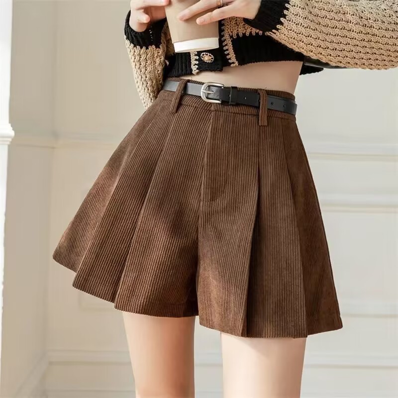 Shorts Corduroy Pleated Skirt Casual Wide Leg Shorts Women's Autumn and Winter 2023 New High Waist Pants for Small Men