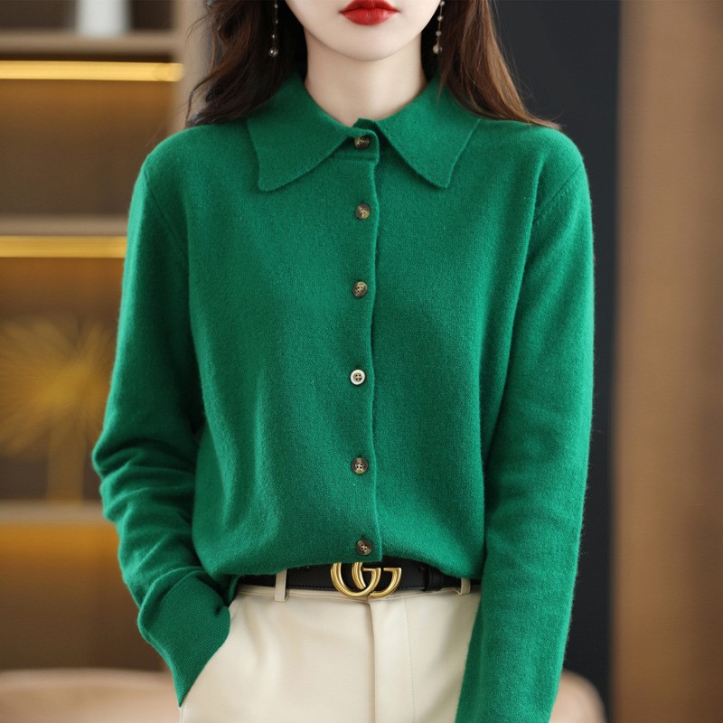 Picture of Spring and Autumn POLO Collar Shirt Women's Outerwear Loose Long-sleeved Sweater Non-cashmere Lapel Knitted Cardigan Top Jacket